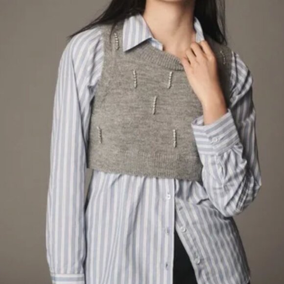 Maeve Tops - NWT Maeve Twofer Embellished Sweater Vest Female XS Grey and Blue Striped Preppy
